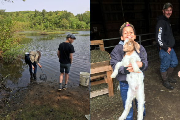 Montessori Upper El students enjoy a field trip on a farm fishing in the pond and holding a baby goat